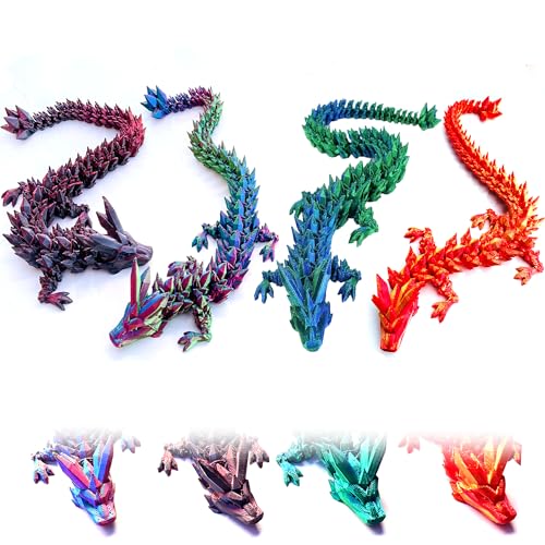 4pc 3D Printed Dragon Fidget Toys, 4Pcs 12Inch Articulated Crystal Dragons | Flexible Dragon Toys & Collectible 3D Printed Dragons