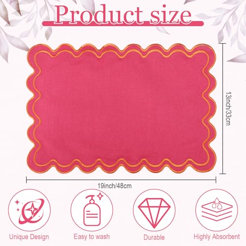 HunnmingRe Hot Pink with Orange Set of 6 Cotton Linen Wedding Placemats, 13x19 Inch Scalloped Wavy Embroidery Placemat Double Layered Washable Rustic Rectangle Dinner Table Mat for Home Decor by HunnmingRe - Used condition - Image 2