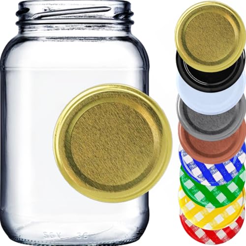 Combo de 6 Potes de vidro para conservas, 600 ml, com tampas metálicas e lacres (Tampa dourada)