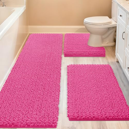 ACCUMTEK Upgrade Extra Large Shiny Pink Bathroom Rug Set 3 Pieces Ultra Soft, Thick Absorbent Bath Mats, Non Slip Chenille Toilet Mat for Bathroom, Bedroom, Kitchen