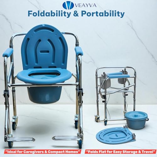 Image of Veayva Heavy-Duty Commode Chair with Wheels, Footrest & Adjustable Seat - Portable Toilet Chair for Elderly, Disabled, and Patient Care
