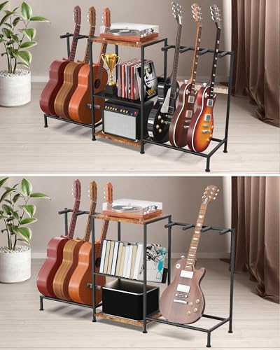 LIFXIZE Guitar Stand for Acoustic Multiple Guitars Holder with 3-tier Storage Shelf, Guitars Display Rack Guitar Amp Accessories with Soft-Padded Protect Multi Guitar Stand for Home Studio Music Room - Thumbnail 4