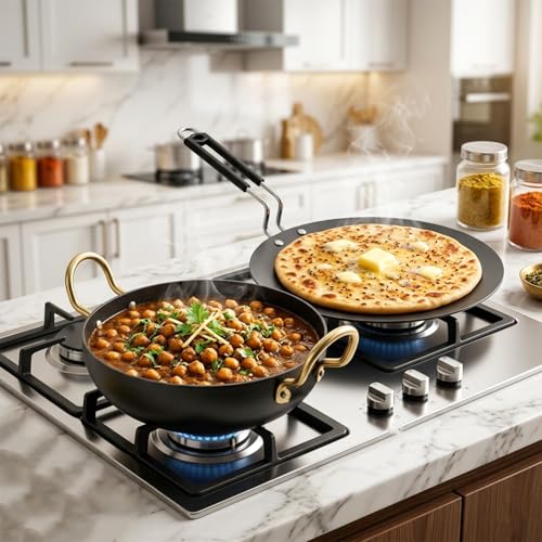 Image of DOZY Iron Kadai and Tawa Combo Set | 28 cm Kadai with Bakelite Handles | 22 cm Tawa | Chemical Free | Better Heat Retention | Induction and Gas Compatible