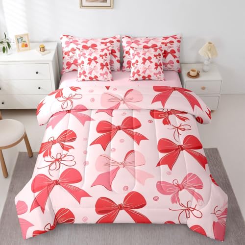 Image of Red Bow Tie 7-Piece Comforter Set Full Bed in a Bag | Pink Bow Bedding Sets Dreamy Princess Style Bowknot Comforter and Sheet Set, Cute Ribbon Bowknot Room Decor