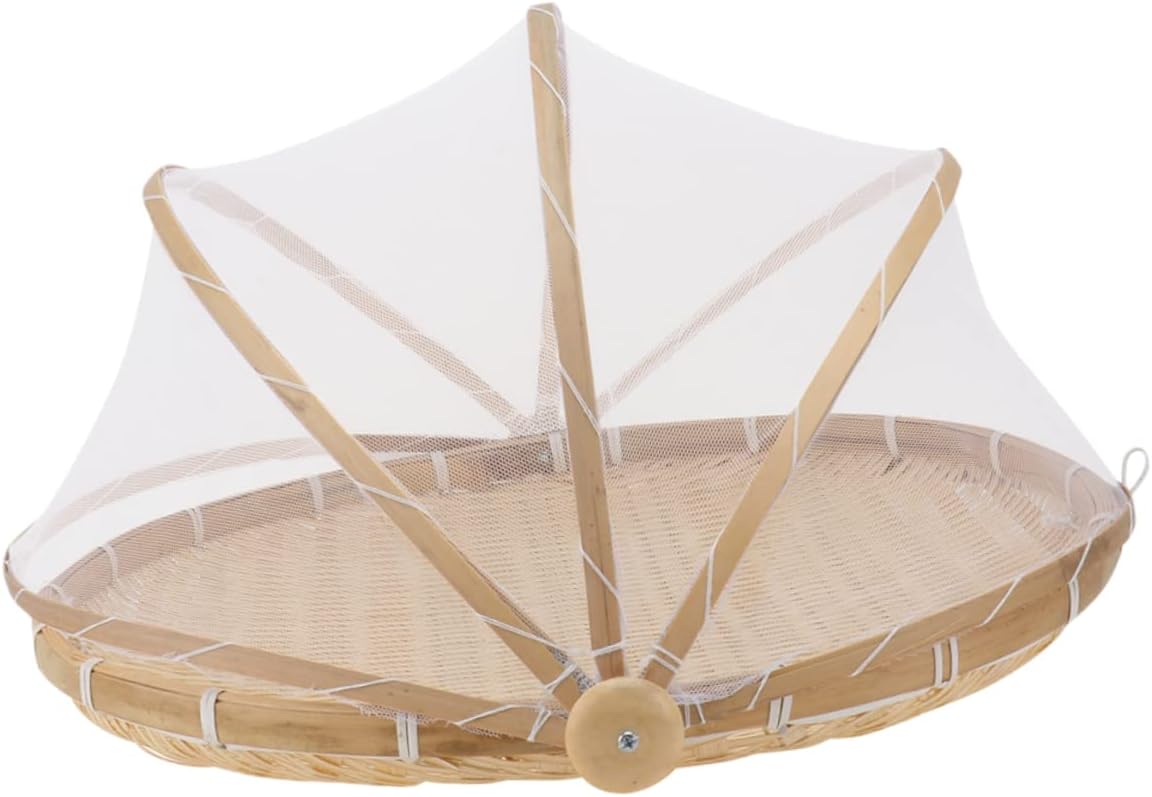 Ciieeo Bamboo Tray Mesh Cover Round Storage Basket for Food Woven Decor Serving Tray Handles