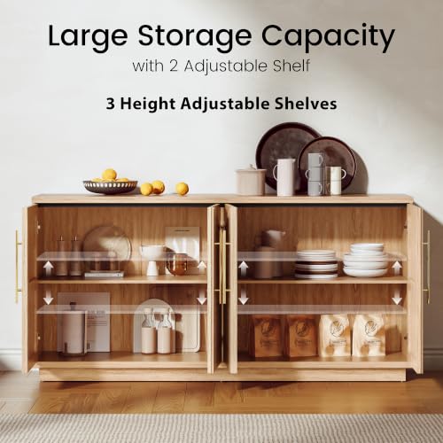 Image of 65 inch Buffet Cabinet with Storage, Fluted Sideboard Cabinet with 4 Arched Doors & Adjustable Shelves, Credenza Accent Cabinet Console for Dining Room, Living Room, Entryway