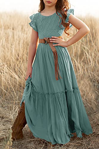 Mitilly Girls Lace Flower Ruffle Sleeve A-Line Swing Wedding Party Long Maxi Dress With Pockets 10 Years Light Green #TOP3