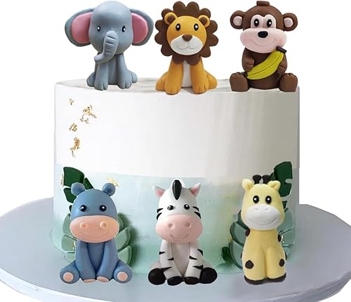 Jungle Safari Animal Cake Topper con león, jirafa, mono, elefante, cebra, hipopótamo, para baby shower (6 piezas)