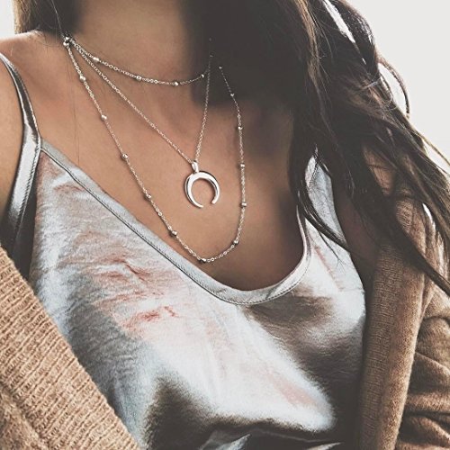 Kercisbeauty Boho Multi layer Silver Beads Choker with Moon Pendant Choker Necklace for Women and Girls,Body Jewelry