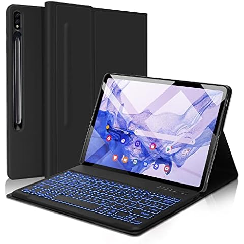 FOGARI QWERTZ-Tastatur Hülle für Samsung Galaxy Tab S8 Plus/S7 FE/S7 Plus 12.4'',7-Farbige Beleuchtung Bluetooth Tastaturabdeckung mit Stifthalter Cover