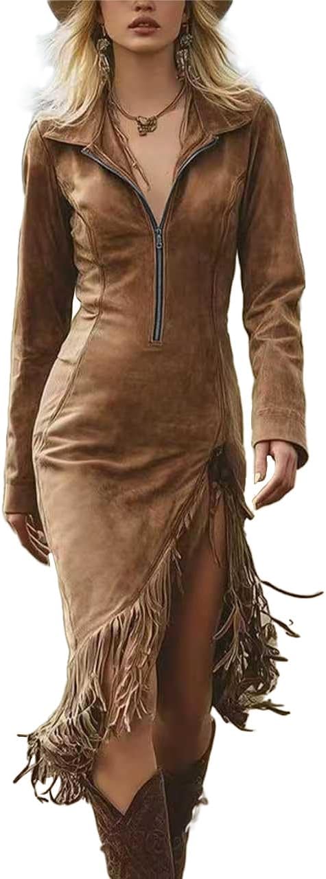 Women Western Suede Midi Dress Lapel Zip Up Long Sleeve Tassel Hem Vintage Slim Fit Fall Spring Dresses