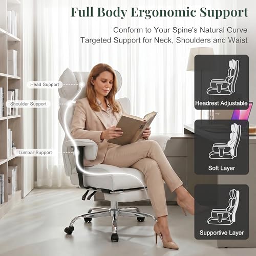 Image of Big and Tall Ergonomic Office Chair,400 LBS,High Back Reclining PU Leather Gaming Chair with Footrest, Adjustable Armrests, Lumbar Support, Executive Desk Chair for Home Office, Beige