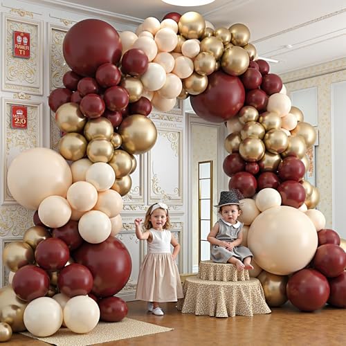 Image of Burgundy Balloon Garland Arch Kit,412Pcs Burgundy and Sand White Metallic Gold Balloons for Wedding Bridal Shower Birthday Wine Anniversary Engagement Party Graduation Decorations