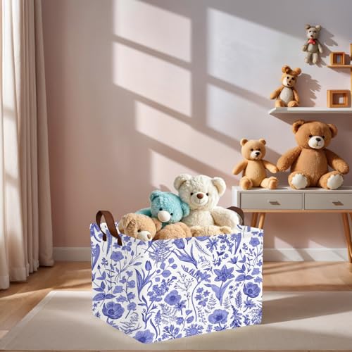 Image of Chinoiserie Rectangle Storage Basket, Blue | Gift Basket Collapsible, Toy Bin, Nursery Playroom Bedroom Decor, Baby Child