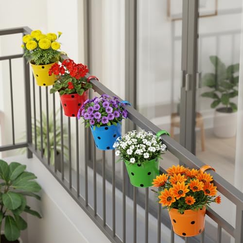 Image of Urban Plant Railing Hanging Metal Planter Pot | Gamla for Balcony | Bucket Planter for Home Decor | Pot for Indoor & Outdoor - Pack of 5 (Dotted)