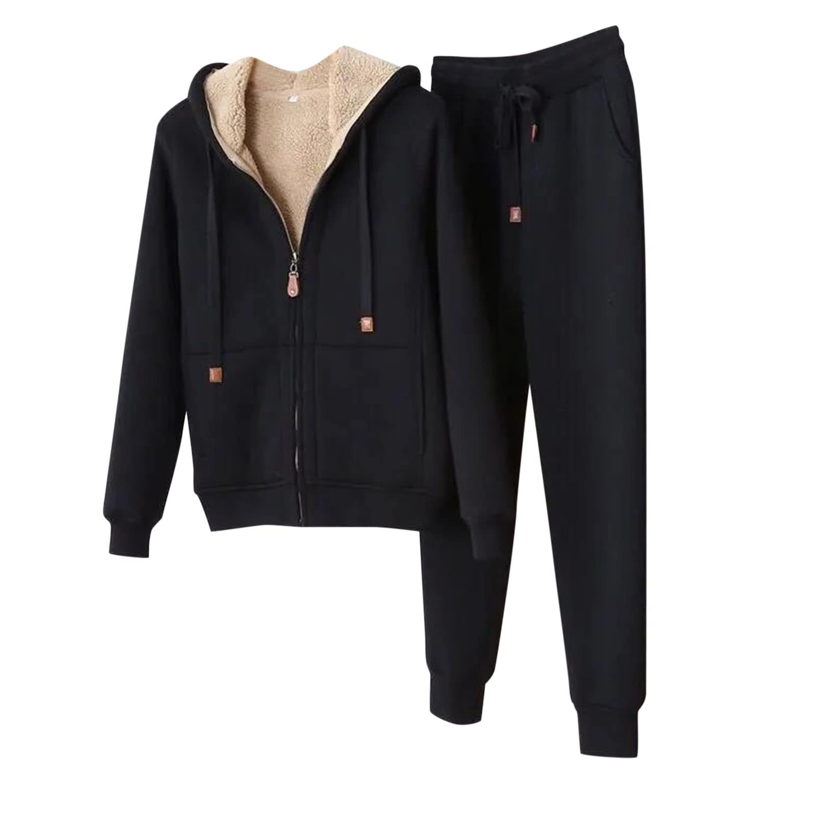 Survêtement pour femme avec fermeture éclair - Ensemble de jogging d'hiver en peluche - 2 pièces - Doublure chaude - Veste à capuche et pantalon de sport - Survêtement de sport surdimensionné