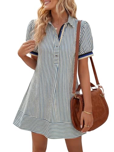 Wenrine Womens Summer Striped Mini Dresses Puff Short Sleeve Loose