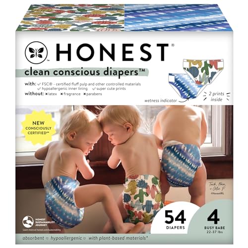 Image of The Honest Company Clean Conscious Diapers | Plant-Based, Sustainable | Tie-Dye for + Cactus Cuties | Club Box, Size 4 (22-37 lbs), 54 Count
