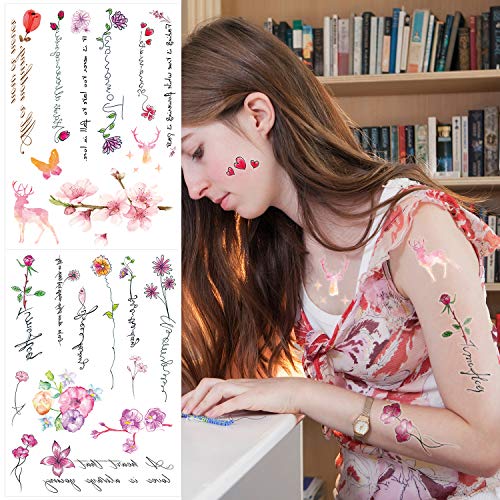 Qpout Blumen Temporäre Tattoos für Frauen Mädchen Kinder, 8 Blatt Wasserdichte Realistische Arm Ärmel Blume Rosa Rose Tätowierung Aufkleber Hand Rücken Hals Handgelenk Dekoration-Blume Vogel Reh