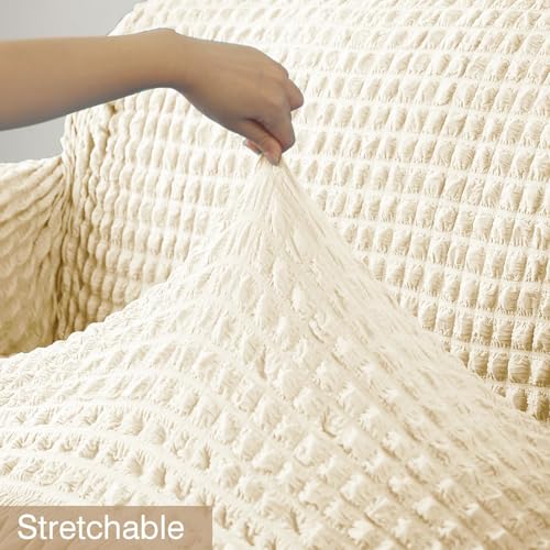 Image of Turkish Bubble Sofa Cover 3 Seater and 2 Seater Fully Covered 5 Seater Sofa Cover Non-Slip Sticky Elastic Stretchable Sofa Set Imported Slipcover Protector (3+1+1 Seater) (Cream)