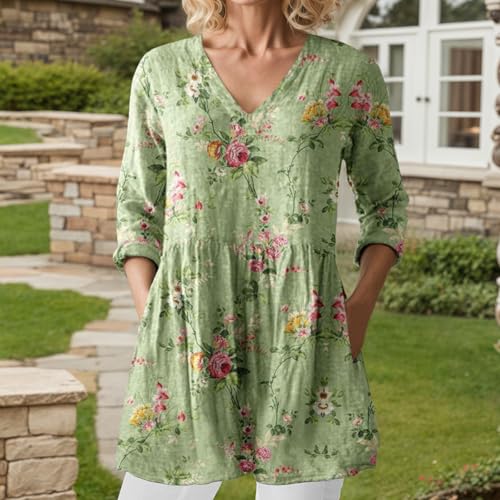Women's Vintage Boho Floral Long Sleeve Tunic Top Casual Oversized V-Neck Flowy Babydoll Vacation Shirt with Pockets2