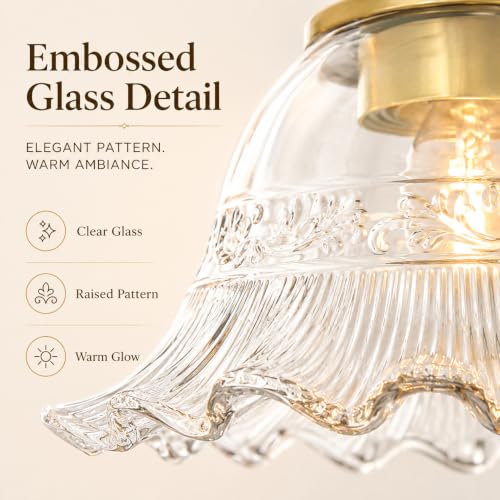 Image of Bright Brushed Gold Bathroom Wall Sconce Vintage Style, E26 Easy Mounted | Vanity Light with Flower Glass Shade, Bathroom Wall Lighting Fixture Beside Mirror, Easy Mounted for Bedroom, Hallway