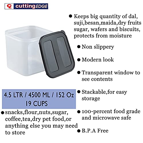 Image of Cutting EDGE 4.5 Litre Airtight Modular Container Set of 2, Leak Resistant Durable Plastic Kitchen Storage Organizer Box for Rice, Dal, Atta, Flour, Cereals & Snacks (Black Lid)