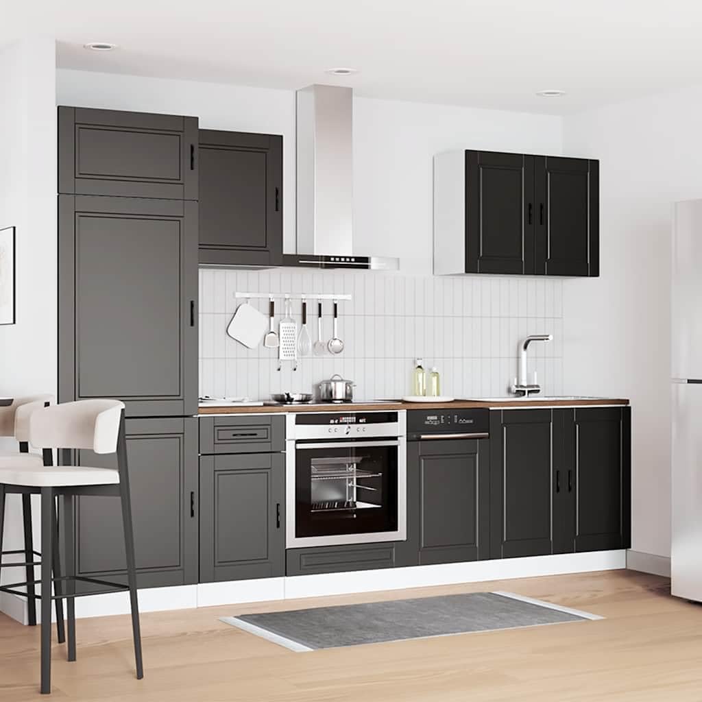 Set di 7 mobili da cucina Porto nero, cucina moderna in legno, blocco cucina con mobiletti inferiori, pensili e dispensa per riporre oggetti in cucina