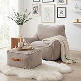 PREMTURE Sitzsack Sessel mit Hocker für Erwachsene, Beige, Flauschiger Cord Stoff, Riesen Sitzsack Cord mit Füllung, Bean Bag Chair, Bequemer Sessel Wohnzimmer, Lounge, Schlafzimmer, Büro