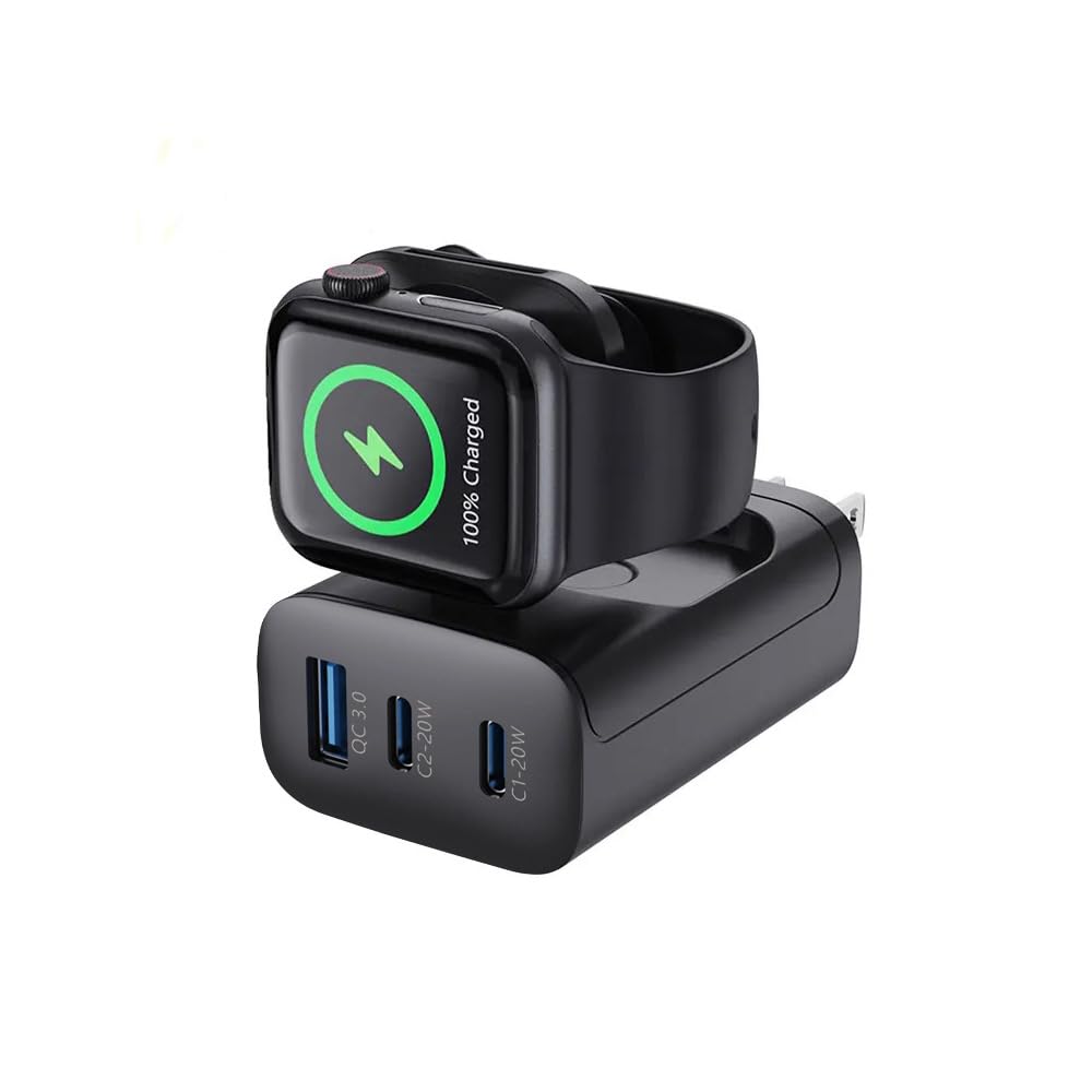 Alimentatore 4-in-1 43W Veloce con Supporto Pieghevole – Caricatore USB Multiplo con Ricarica senza fili per Smartwatch, Smartphone e Auricolari, Stazione di Ricarica Compatta da Viaggio