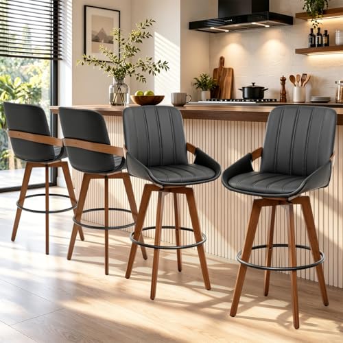 Image of AQG Counter Height Bar Stools Set of 4, Mid Century Modern Retro Bar Chairs, Swivel Barstools with Walnut Craft, Faux Leather Upholstered Furniture for Island /Counter (Black, 26.3 inch-4 PCS)