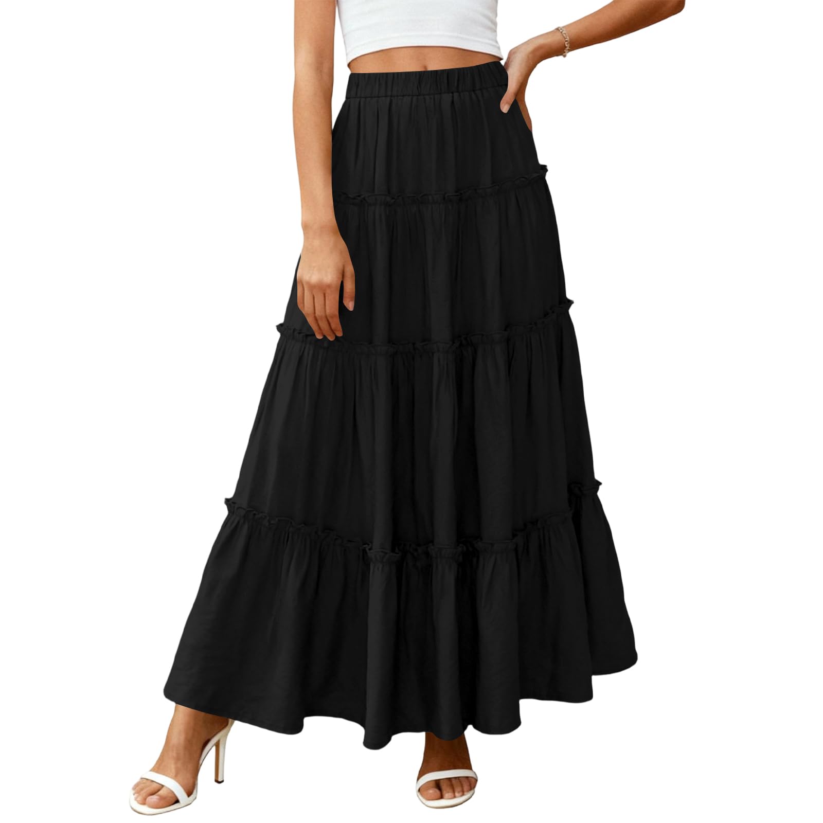 Linen Skirts for Women Trendy Summer High Waisted A Line Ruffle Tiered Maxi Skirt Pleated Boho Long Flowy