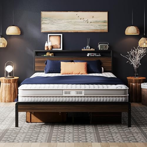 Image of LIKIMIO Queen Bed Frame with Headboard, Dark Wood Camas Queen with Strong Supports, Sturdy, Noise-Free, No Box Spring Needed, Dark Walnut