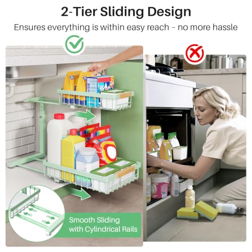 Image of Kitstorack Under Sink Organizer, 2 Tier Under the Sink Storage, Slide out Pull out Cabinet Organizer Shelf, Metal Sliding Drawer for Kitchen Bathroom Pantry Closet Organization Rack, Green, 2 Pack