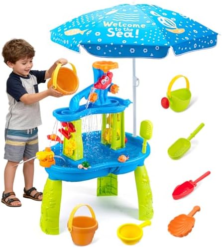 3-Tier Water Tables for Toddlers 3-5 with Adjustable Umbrella