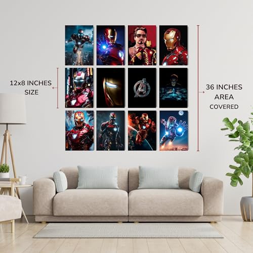 Image of Posters Inc Set of 12 Iron Man Posters for Wall, Home Decoration Items for Living Room, Aesthetic Wall Stickers for Bedroom, Birthday Gift for Men, 300 GSM A4 Size Paper, Glue Dots Included