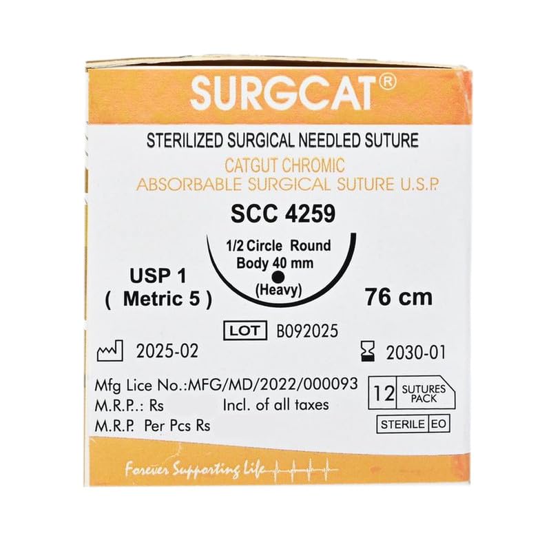 Image of (SCC 4259),Catgut Chromic Absorbable Surgical Suture, USP 1 (Metric 5),Length 76 cm,1 /2 Circle Round Body 40 mm Heavy (Pack of 12 Sutures)