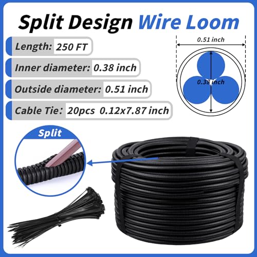 250FT Split Wire Loom Tubing, 1/2 Inch Wire Protector Tubing, Automotive Wire Flexible Conduit Cord Covers with 20 Cable Ties for Automotive Marine RV Agriculture Electrical Cable Protection by Oleitodh - Image 2
