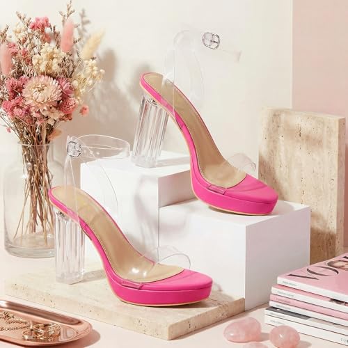 Image of ZriEy 4-Inch Platform Clear High Heels for Women Block Chunky Heeled Sandals Open Toe Ankle Strap Heels Wedding Party Evening Prom Dress Pump Sandal Shoes
