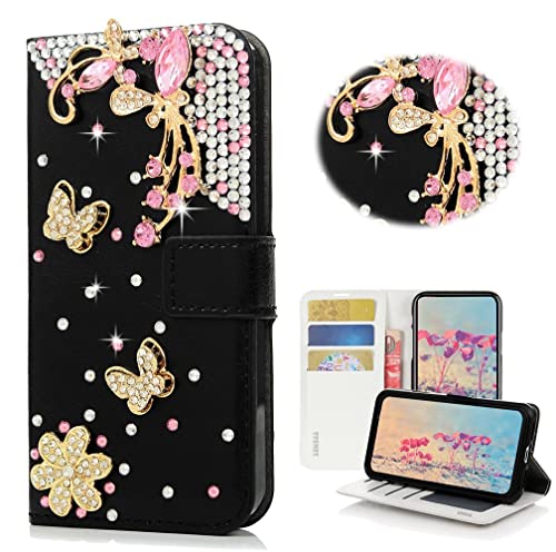 STENES Bling Wallet Phone Case Compatible with Samsung Galaxy A21s Case - Stylish - 3D Handmade Pretty Butterfly Flowers Magnetic Wallet Stand Leather Cover Case - Black