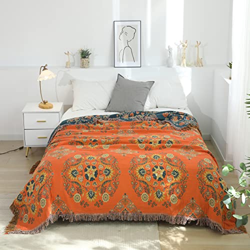 Y-Plwomen Orange Boho Queen Muslin Blanket, Bohemian Lightweight Blanket For Summer Queen Size, 100% Cotton Gauze Blanket For Bed Sofa, Reversible Queen Blanket Oversize, 90X98 #TOP4
