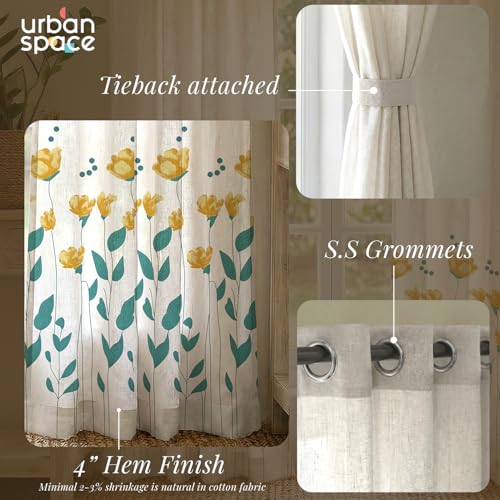 Image of Urban Space 100% Cotton Curtains 7 feet Long Set of 2, 60-65% Room Darkening, Decorative Curtains with Eyelets /Rings for Hanging, Tieback Included (Sunny Blooms Yellow, Door - 7 Feet)