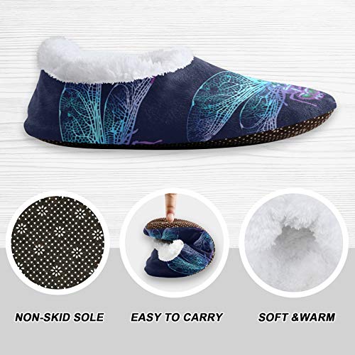 OTVEE Dark Blue Dragonfly House Slipper for Women Men, Comfy Slippers Warm Home Bedroom Shoes3