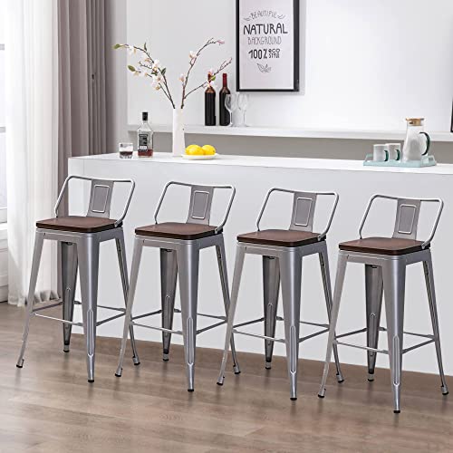 Haobo Home 30" Low Back Metal Counter Bar Stools Height Barstools With Wooden Seat [Set Of 4] Silver #TOP1