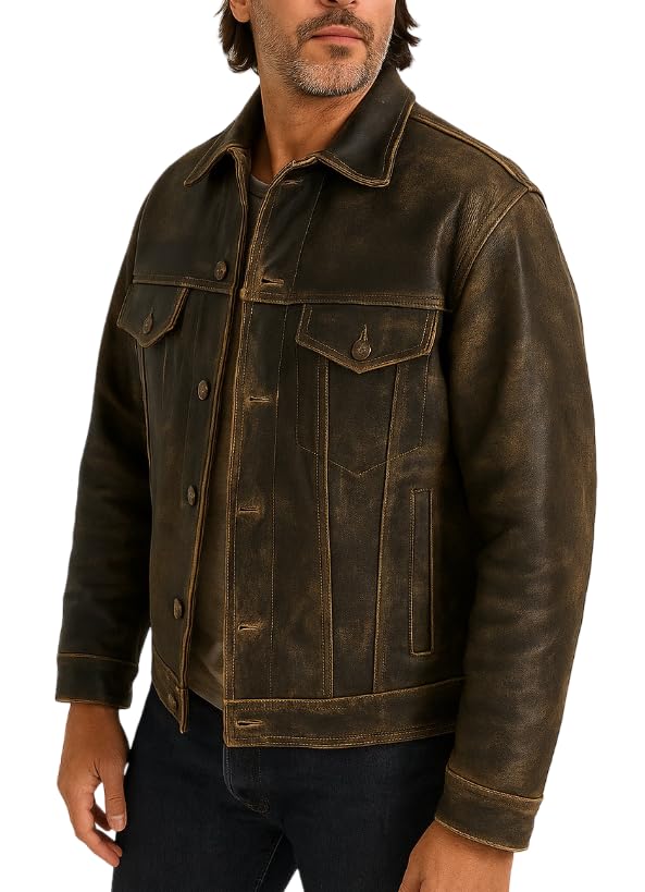 American Vintage Fashion Trucker Western Motorcycle Jacket Men - Full Grain Real Cowhide Leather2