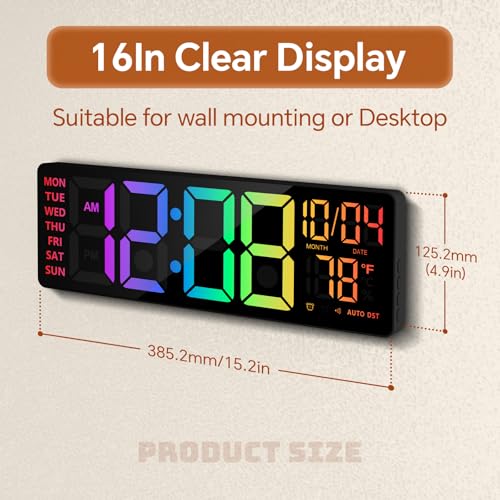 YISILE 16 Inch RGB LED Digital Wall Clock - 8 Color Display, 6 Night Light Modes, Bluetooth Auto Time Sync, Sound Wake-Up, Dual Alarm, Auto DST, Remote Dimmer for Bedroom, Living Room & Gaming Room - Image 2