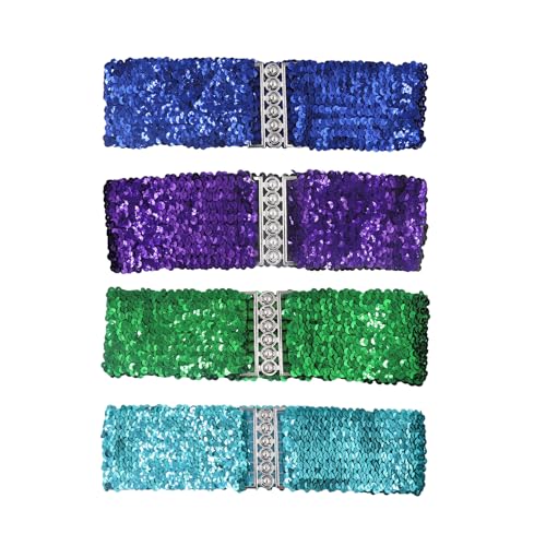 AIBEARTY 4 Pack Women's Wide Sequin Belts - Gold, Rose, Black, Pink; Red, Silver, Purple - Adjustable Elastic Waist Belts - Women's Fashion Accessory - One Size Fits Most - 22.8x2.0 inch (LxW)2