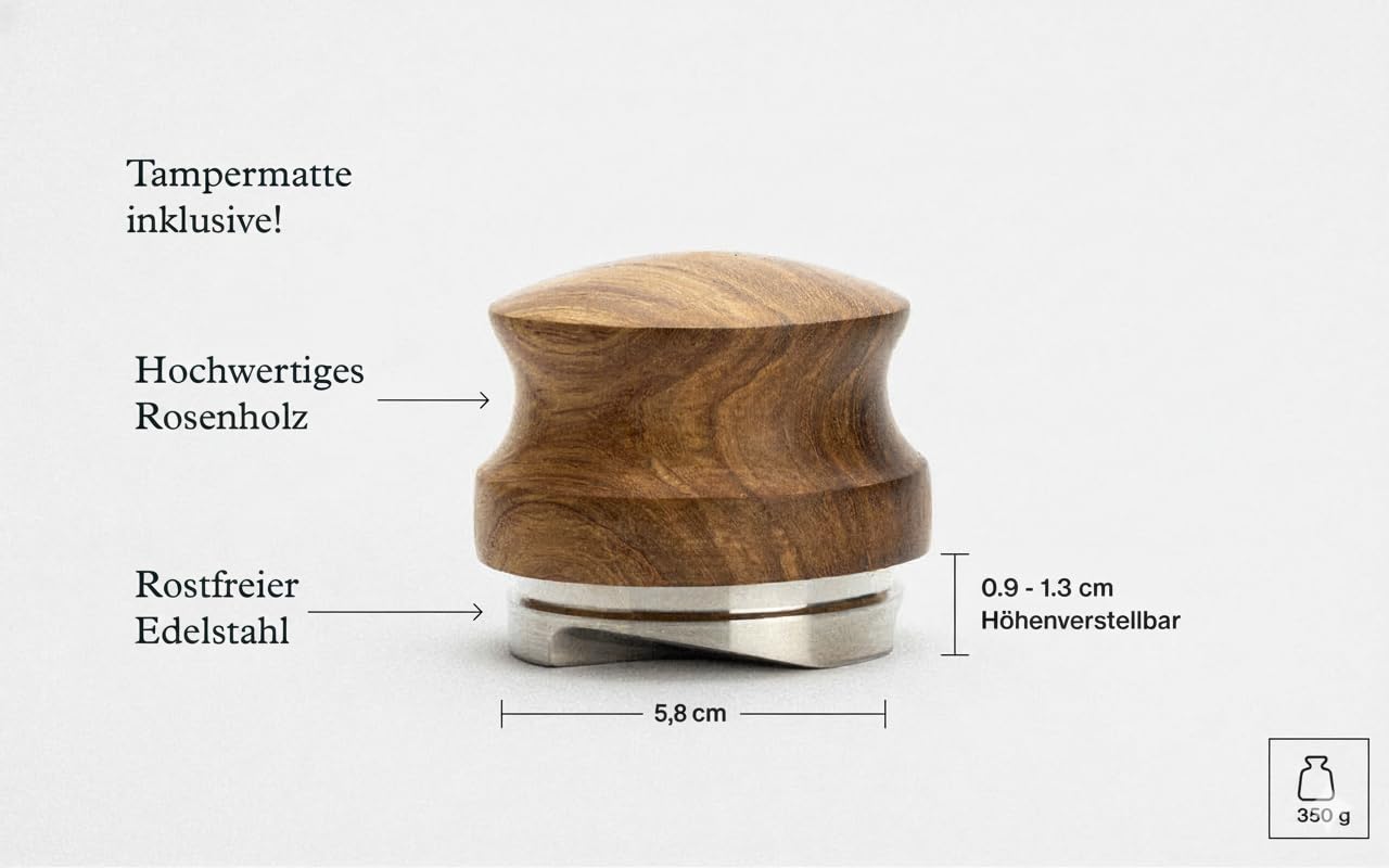 Leveler 58 mm – höhenverstellbarer Espresso‑Puck‑Distributor für Siebträger zur gleichmäßigen Extraktion, langlebiger Edelstahl und Holzgriff