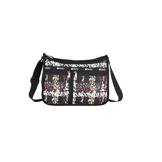 LeSportsac Running Weave Deluxe Everyday Crossbody Bag + Cosmetic Bag, Style 7507/Color E474, Festive & Colorful Confetti Style Abstract Printed Weave Pattern, Modern & Fun Interpretative Plaid Design