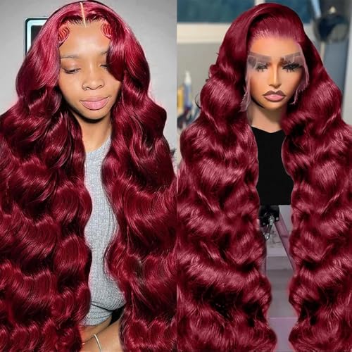 Image of JTMMP 20 Inch 99J Burgundy Lace Front Wigs Human Hair 13x6 Body Wave Lace Front Wigs Human Hair Pre Plucked 99j Burgundy Red Wine Glueless Wigs for Women